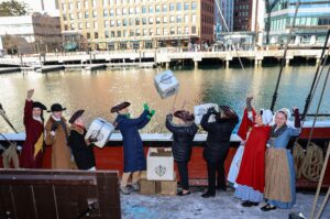 Dec 16, 2025.at Boston Tea Party Ships & Musuem. LtoR - BTP Participants Descendants Ashley Morin (White House Station, NJ), Elaine Hawkes & Nancy Smith (both Lincoln, MA), Joyce Bulger (Braintree, MA) with BTPS&M