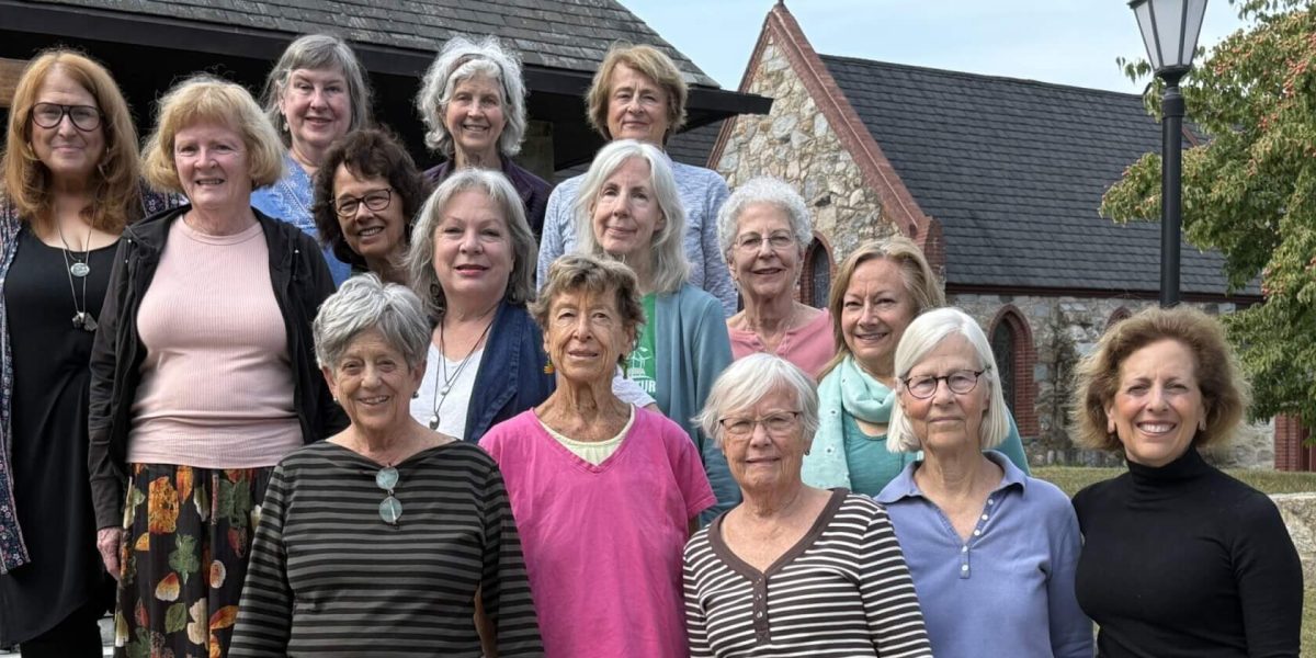 Women’s Chorus director Jane Ring Frank of Cambridge, top row at left, with the 15 members of the group who hail from Concord. Bottom row, left to right: Liz Berk, Judy Perkins, and Denise McNamara; next row up, left to right: Jeannette Hargrove, Faxon Green, and Jane Luckner; second row, from top left to right: Jane Fisher, Bozena Smith, Janet Clark, Pamela Dritt, and Sue Beck; top row, left to right: Frank, Sara Ballard, Roz Walters, and Angela Healy. Photo: Laurie O’Neill/The Concord Bridge