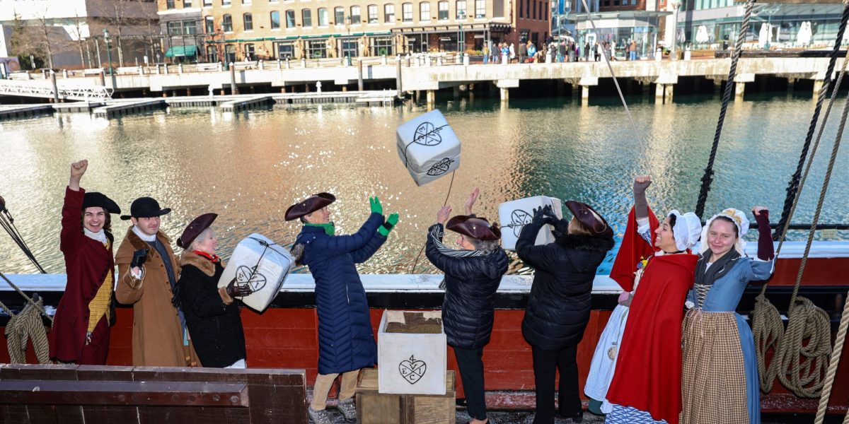 Dec 16, 2025.at Boston Tea Party Ships & Musuem. LtoR - BTP Participants Descendants Ashley Morin (White House Station, NJ), Elaine Hawkes & Nancy Smith (both Lincoln, MA), Joyce Bulger (Braintree, MA) with BTPS&M