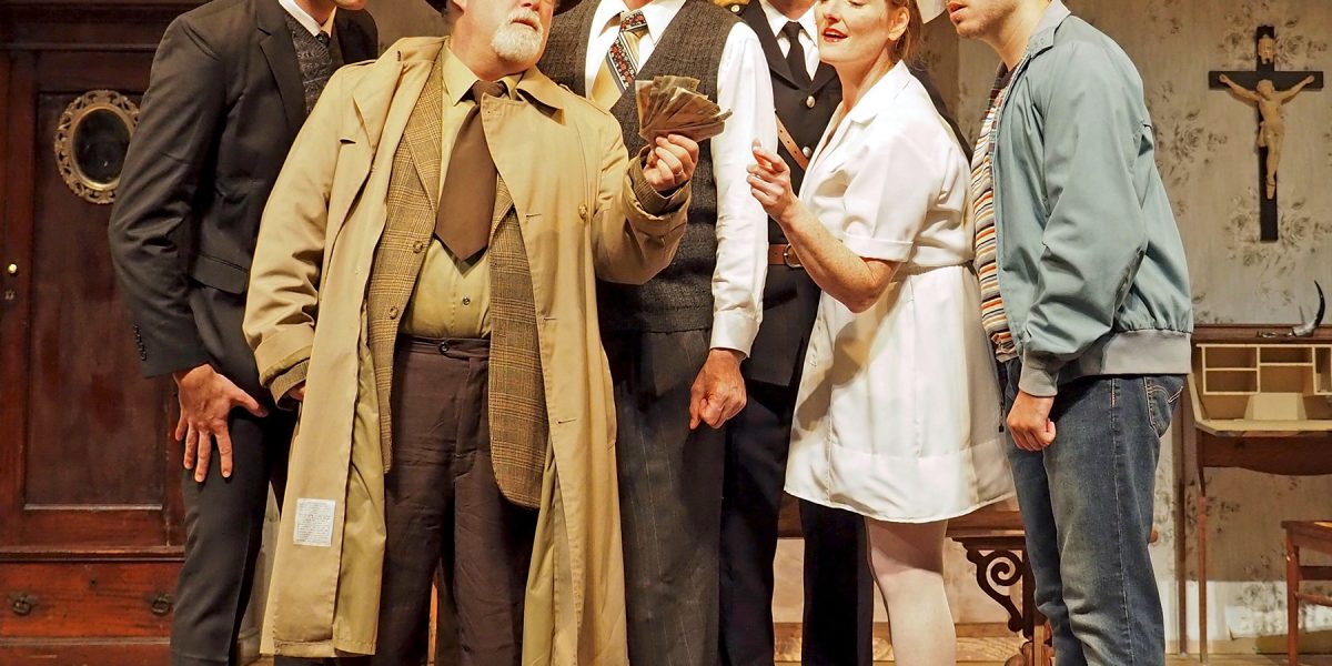 The Company Theatre's cast of LOOT:  (L to R) Will Oliver of Duxbury as Dennis, Bill Gardiner of Weymouth as Truscott, Jeff Gill of Duxbury as McLeavy, Bill Carter of Rockland as Meadows, Stephanie Wells of Plymouth as Fay,  Doug Dulaney of Cambridge as Hal, photo by Zoe Bradford