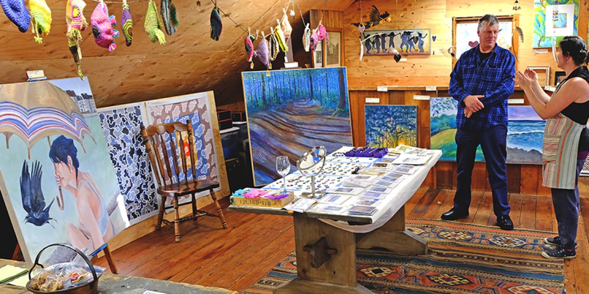 A must stop on the Tour is Jocelyn Dana Thomas' studio in a barn  adjacent to her house.  The multi-talented artist works with paintings, fused glass jewelry, cards, clocks, and more.  (Bart Blumberg).
