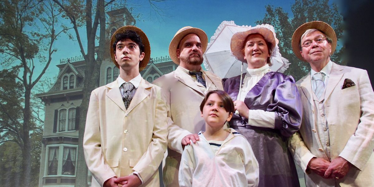 Jeffrey Sewell as Younger Brother, Peter Adams as Father, Paula Markowicz as Mother, Daniel Hannafin as Grandfather, with young Owen Veith as Little Brother (front)